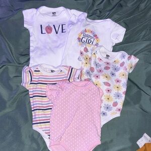 Girls Pink & White Floral & Stripe One-Piece Bodysuit Set